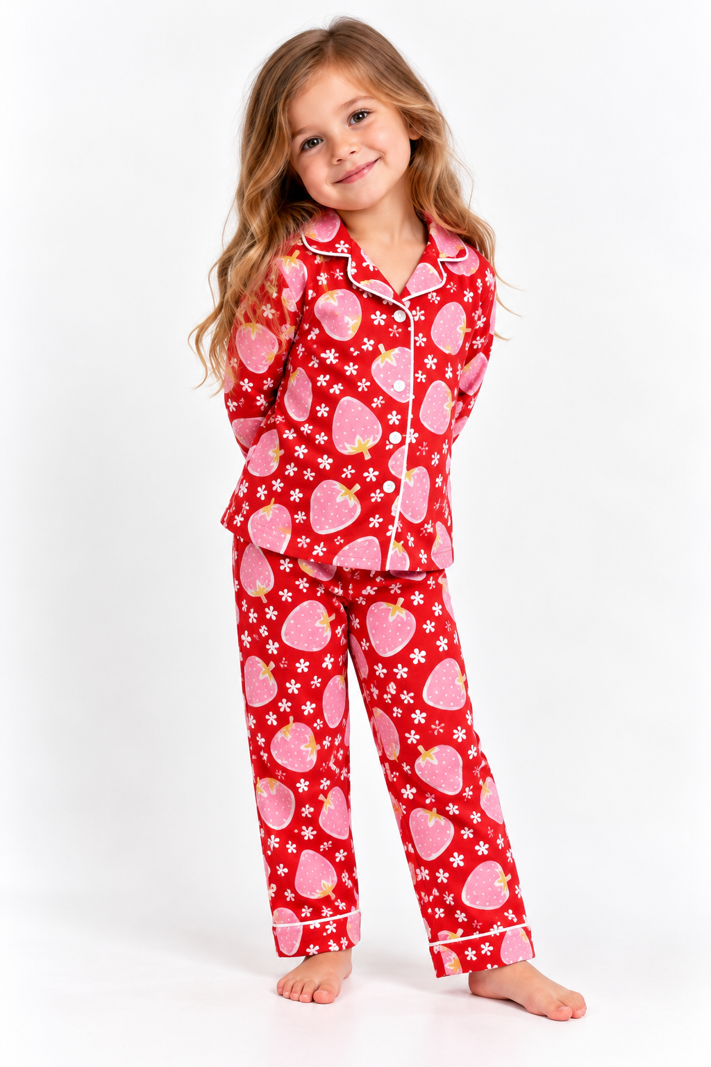 ÖN SİPARİŞTİR Çilek Baskılı Kırmızı Kız Çocuk Pijama