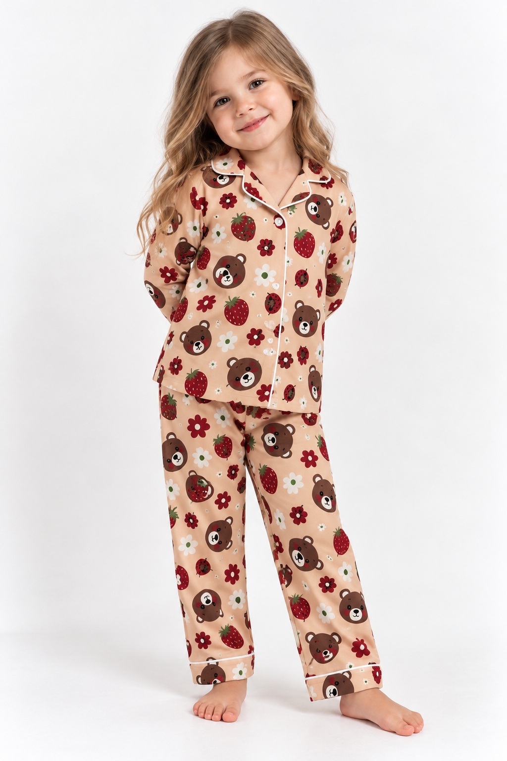 ÖN SİPARİŞTİR Ayıcık ve Çilek Baskılı Kız Çocuk Pijama