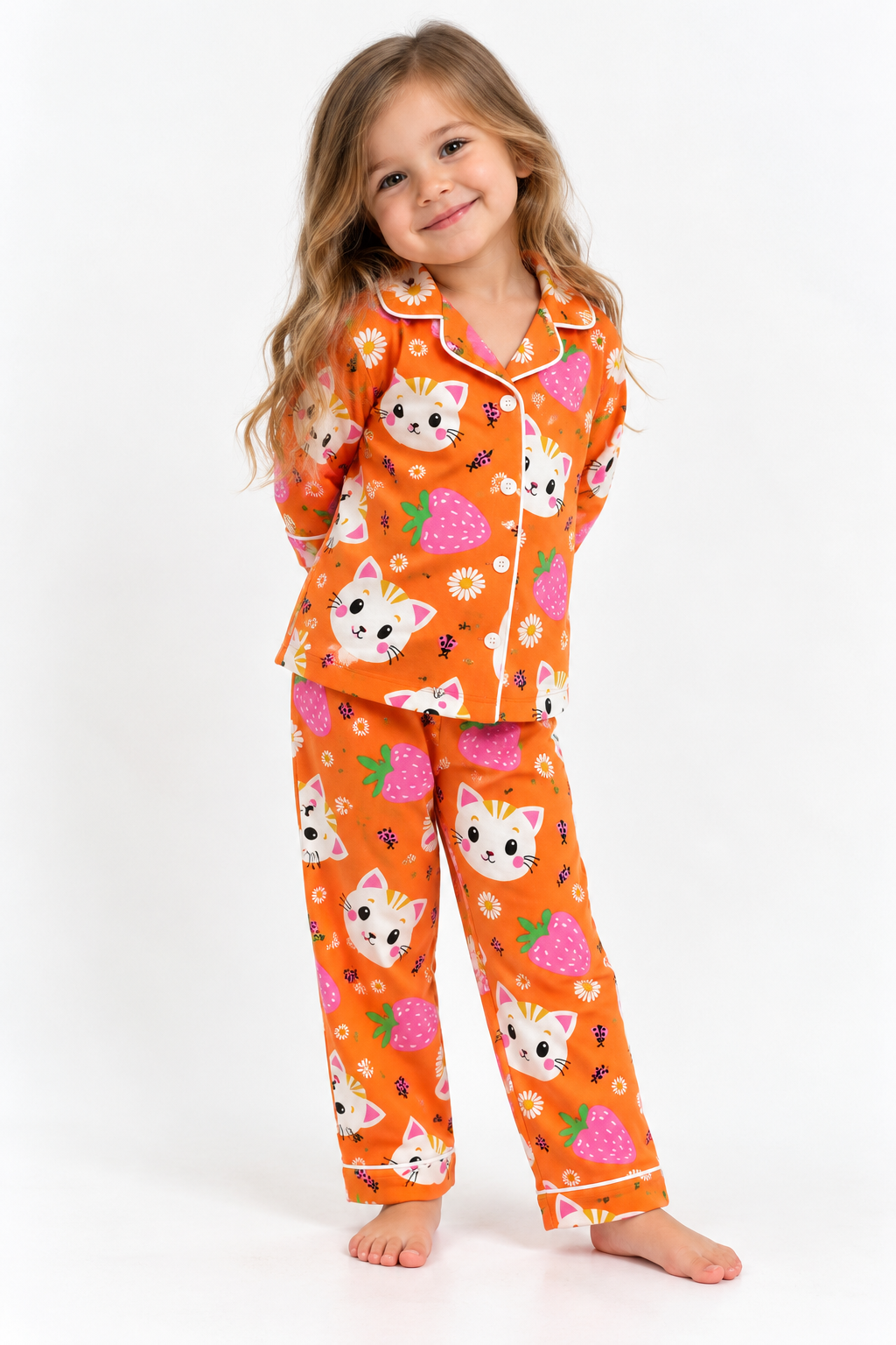 ÖN SİPARİŞTİR Kedicik ve Çilek Baskılı Kız Çocuk Pijama