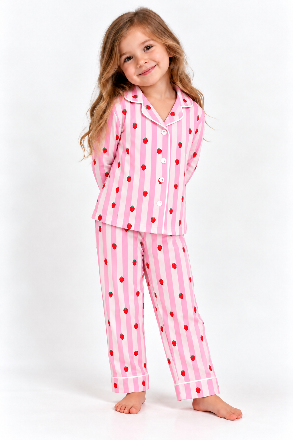 ÖN SİPARİŞTİR Çilek Baskı Çizgili Kız Çocuk Pijama