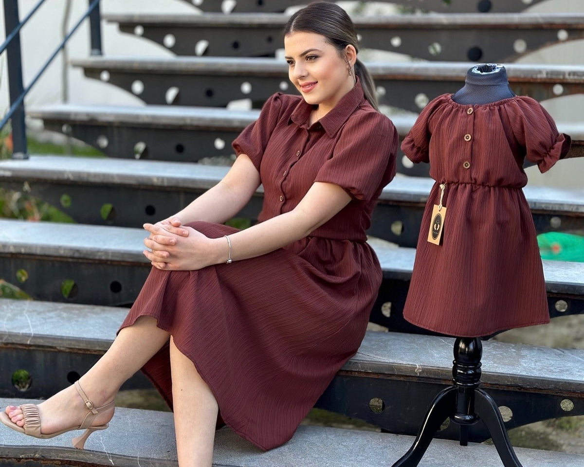 Bordo kız çocuk elbisesi ve aynı renkte anne elbisesi